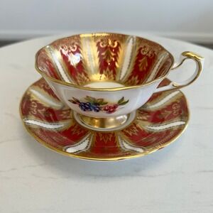 Vtg Paragon Fine Bone China Teacup Saucer Set Maroon Gold Fruit England Tea Cup